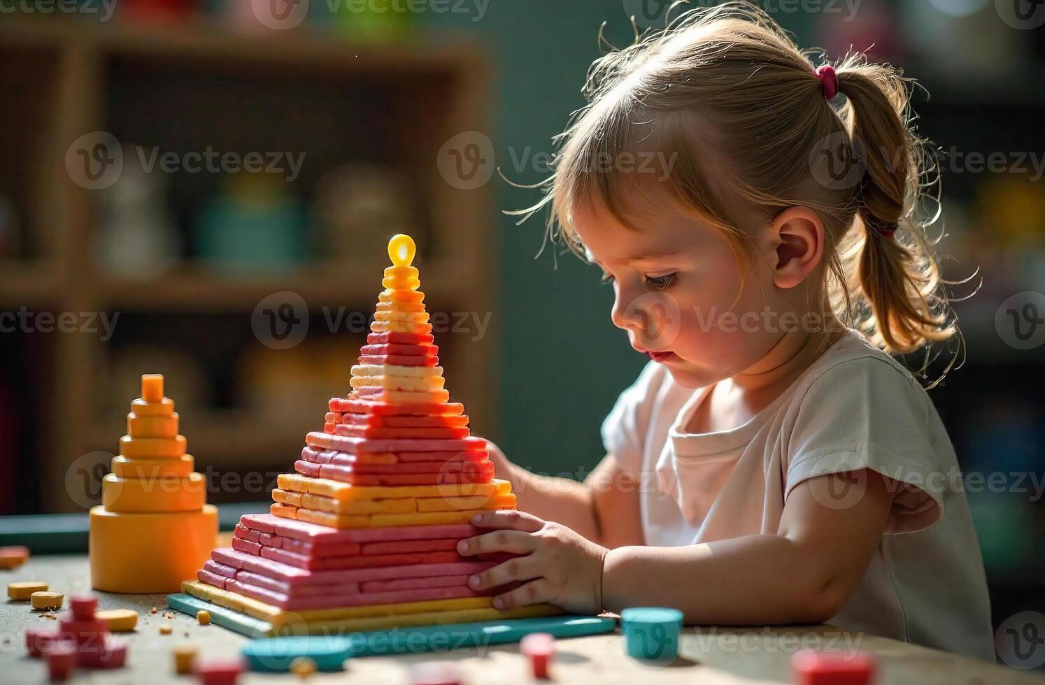 Child interesting assembling toy pyramid in playroom, toy colorful mosaic photo