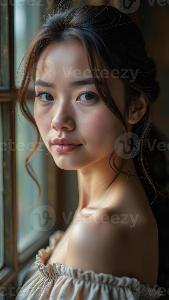 Large portrait of young smiling beautiful woman, female photo