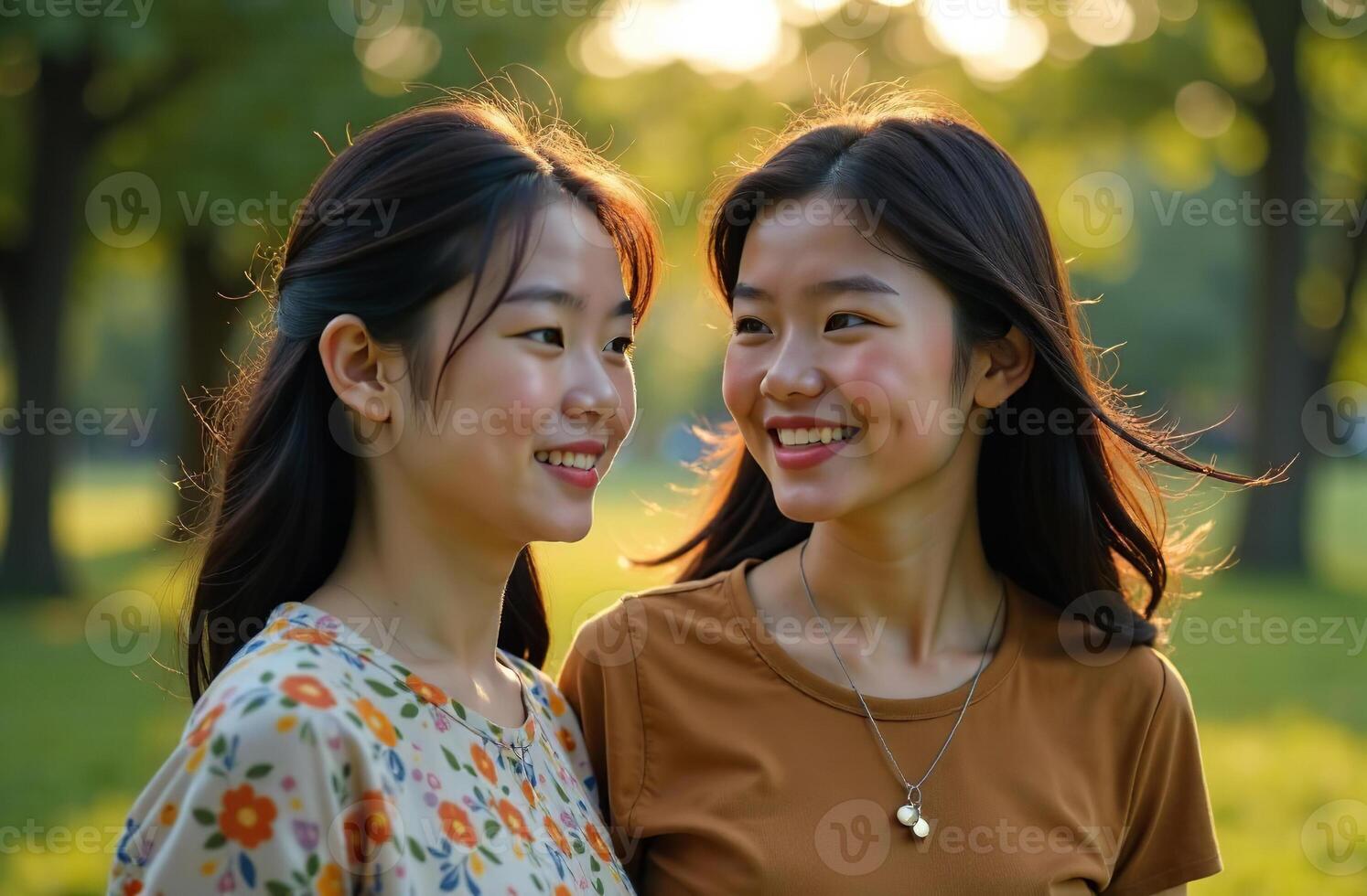 Large portrait of young smiling beautiful two women, female Asian photo