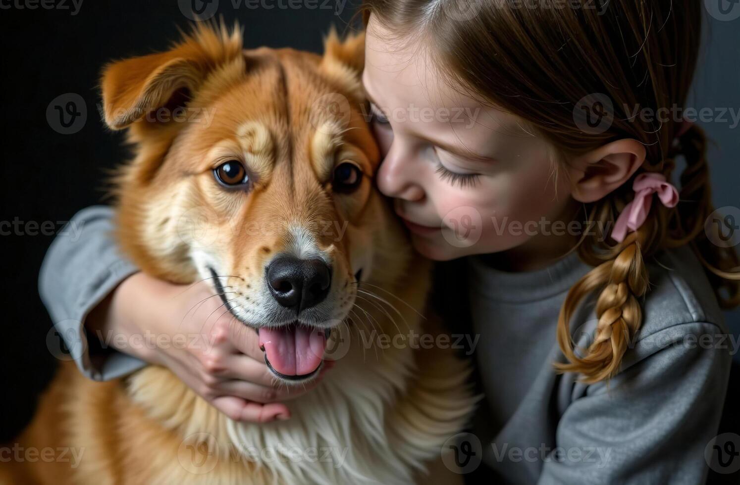 Child Cute hugging pet, friendship of dog and kid, dark background photo