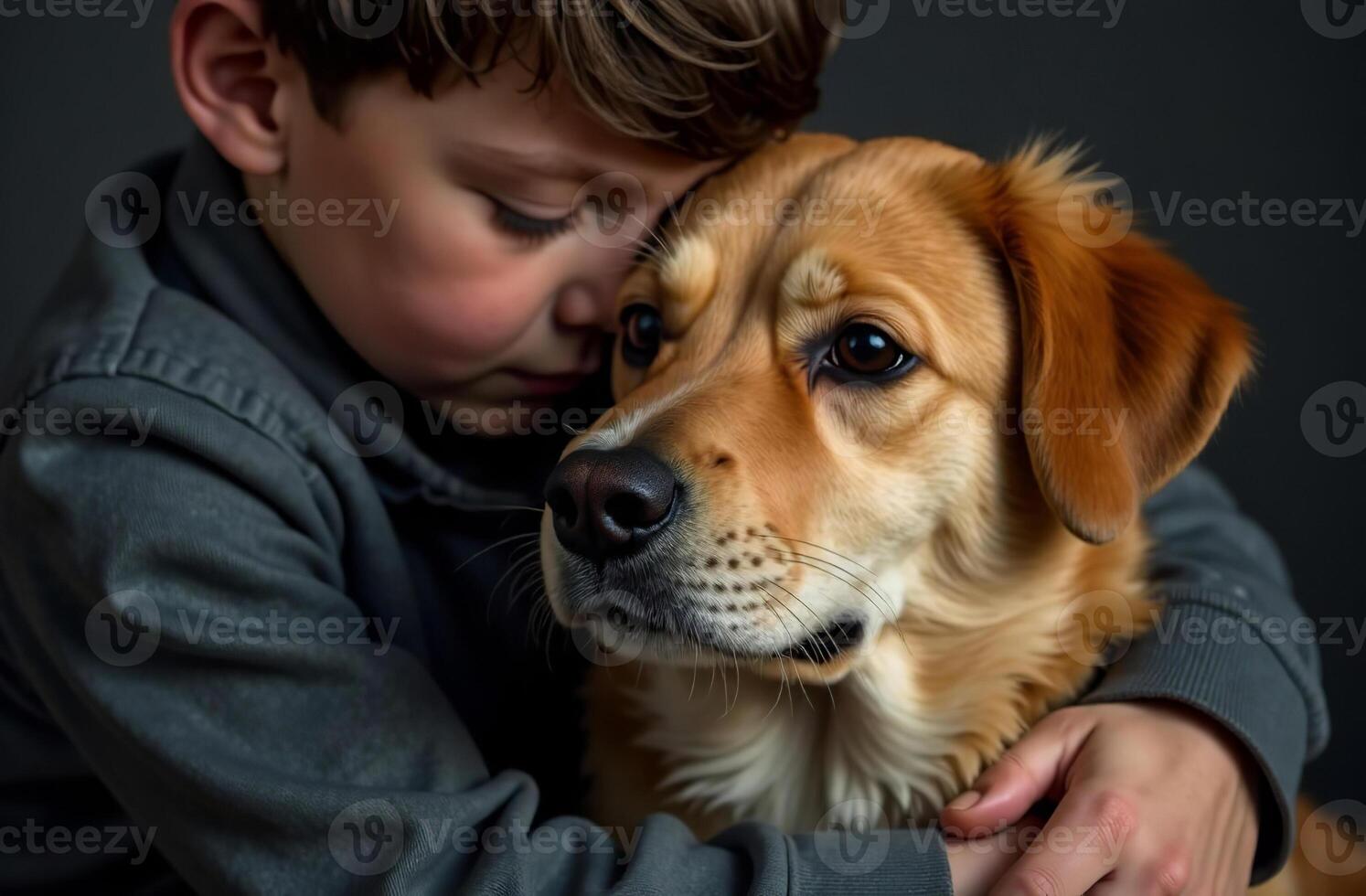 Child hugging pet, friendship of dog and kid, dark background photo