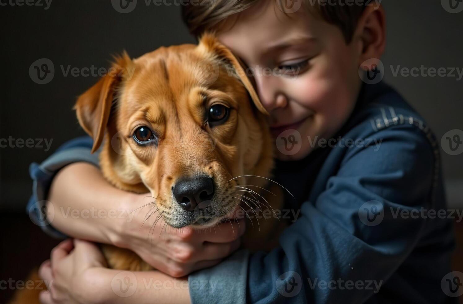 Child hugging pet, friendship dog and kid, dark background photo