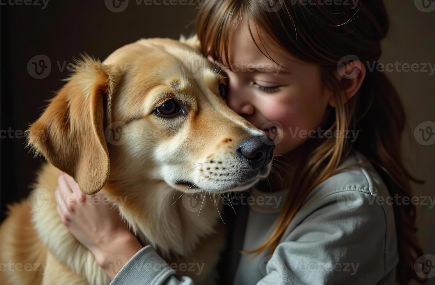 Child hugging pet Cute friendship of dog and kid, dark background photo