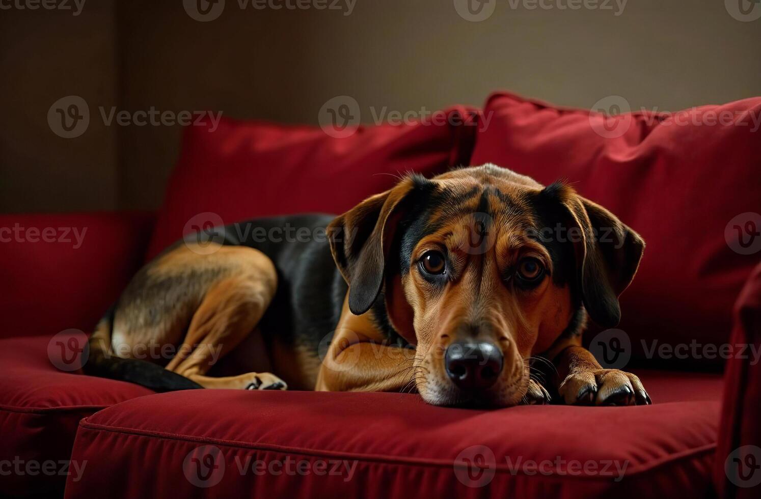 Dog lying red sofa at home, pet resting interior inside house photo