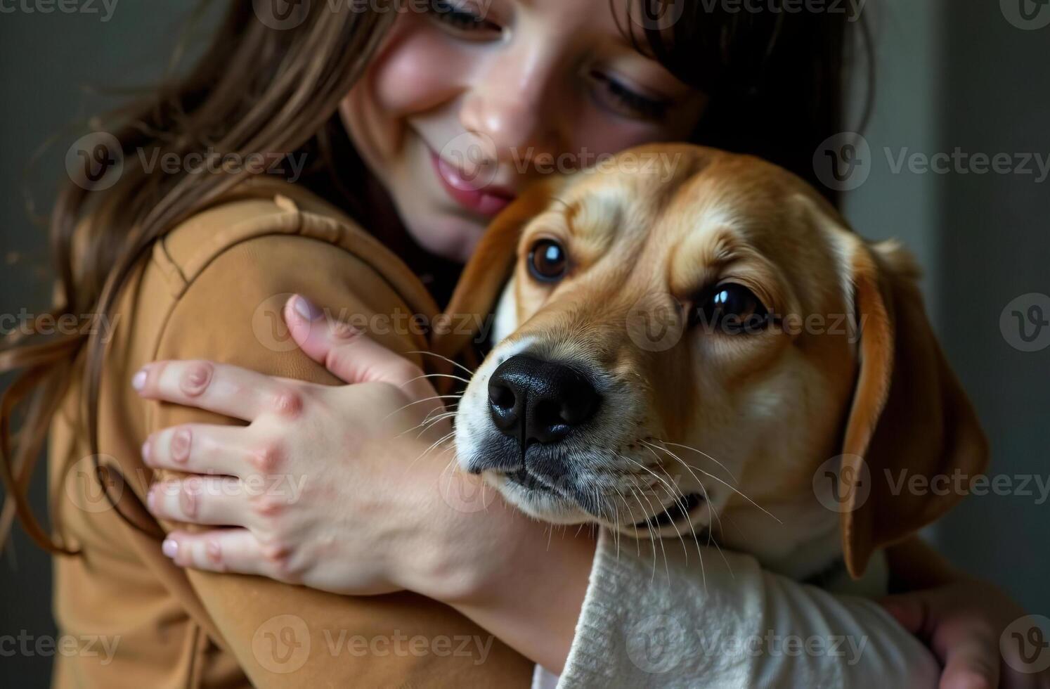 Child hugging pet, friendship Cute dog and kid, dark background photo