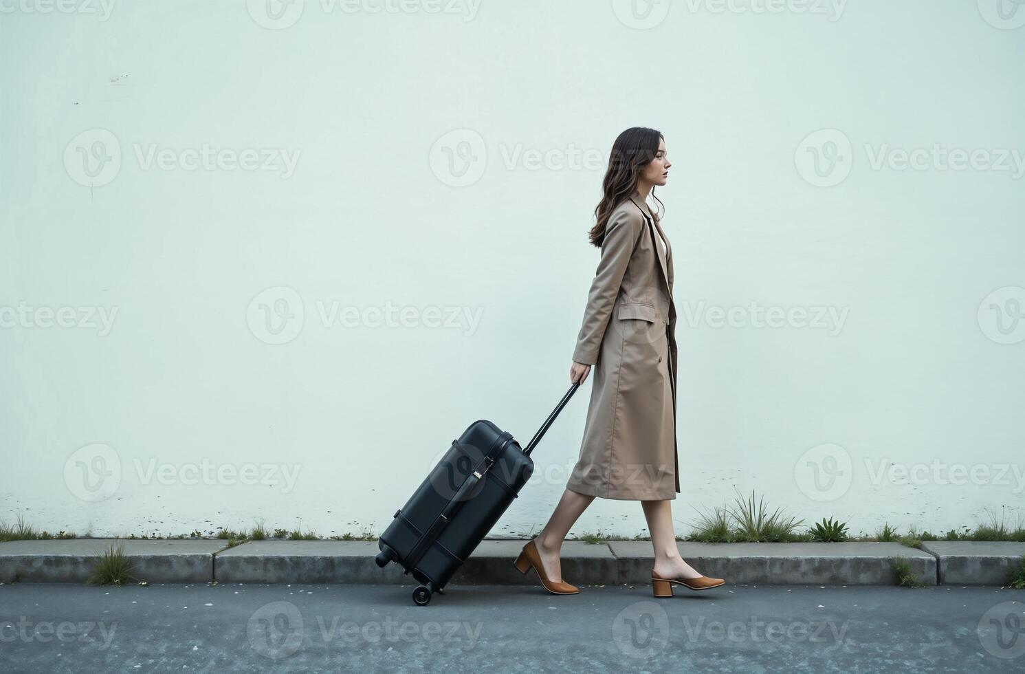 Woman roll luggage suitcase on wheels airport, departure on trip photo
