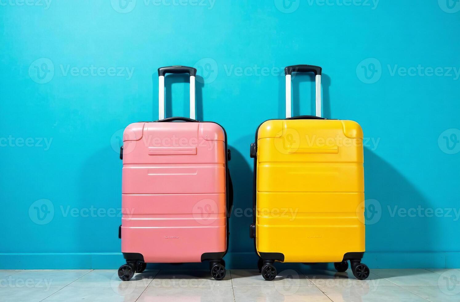 Two luggage suitcases on wheel against blue wall, vacation photo