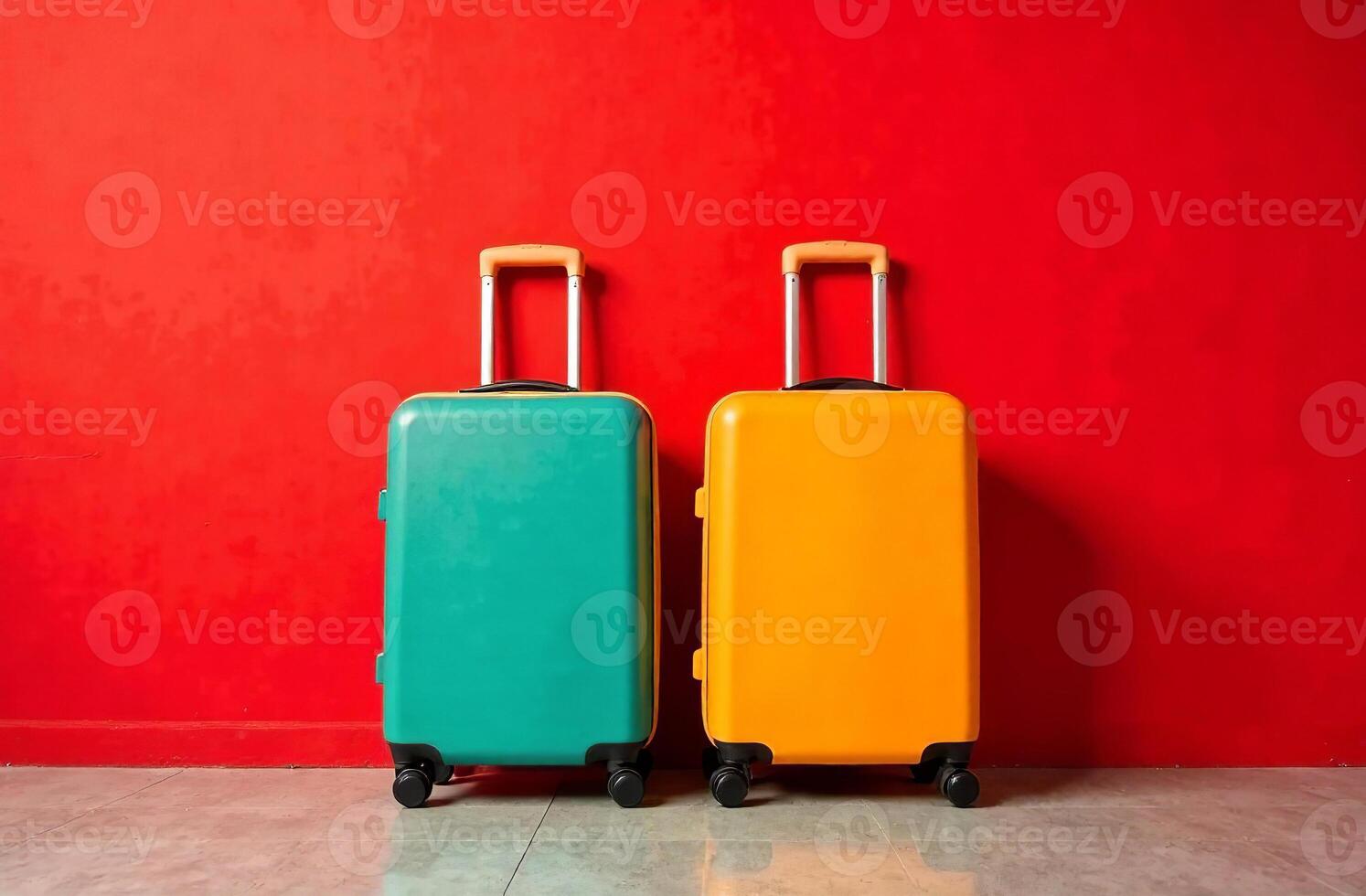 Two luggage suitcases wheels against red wall, vacation photo
