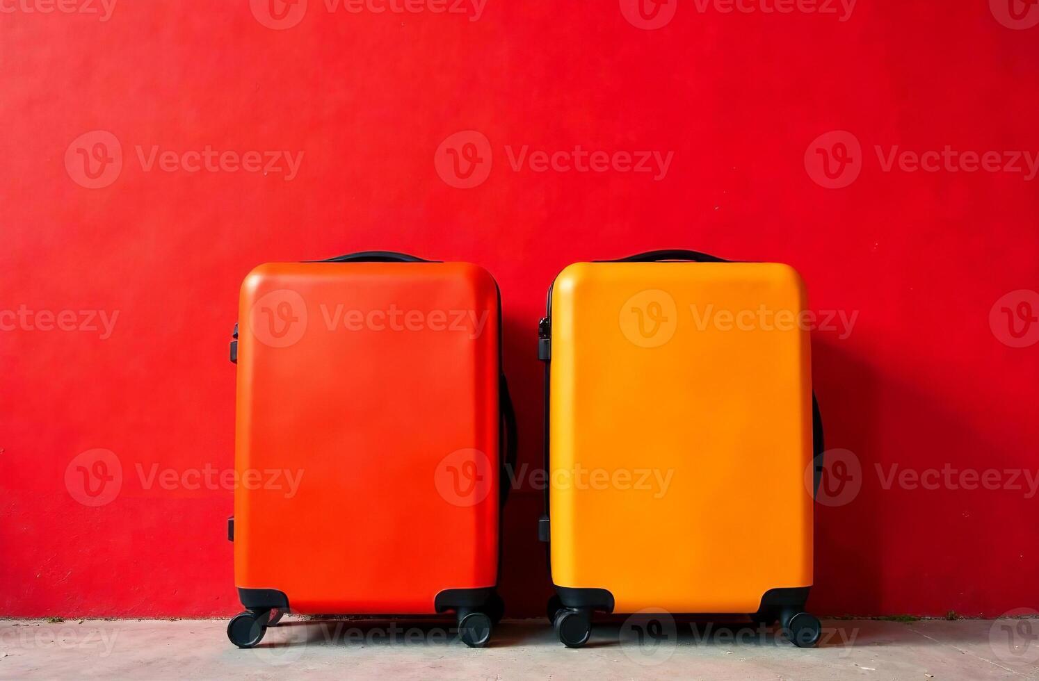 Two luggage suitcases on wheels against red wall, vacation photo