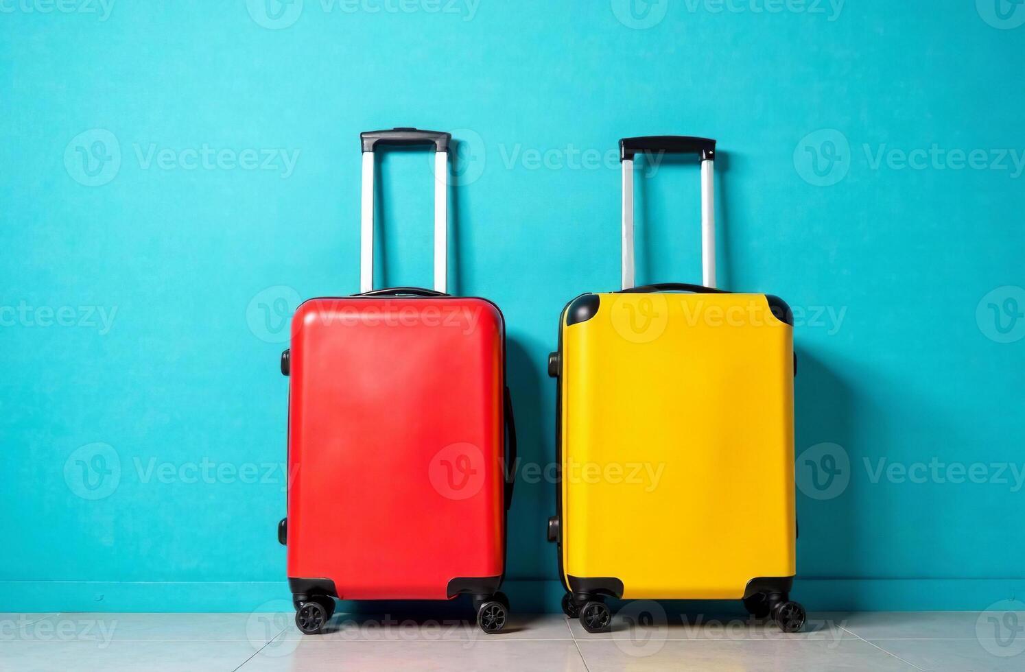 Two luggage suitcase on wheels against blue wall, vacation photo