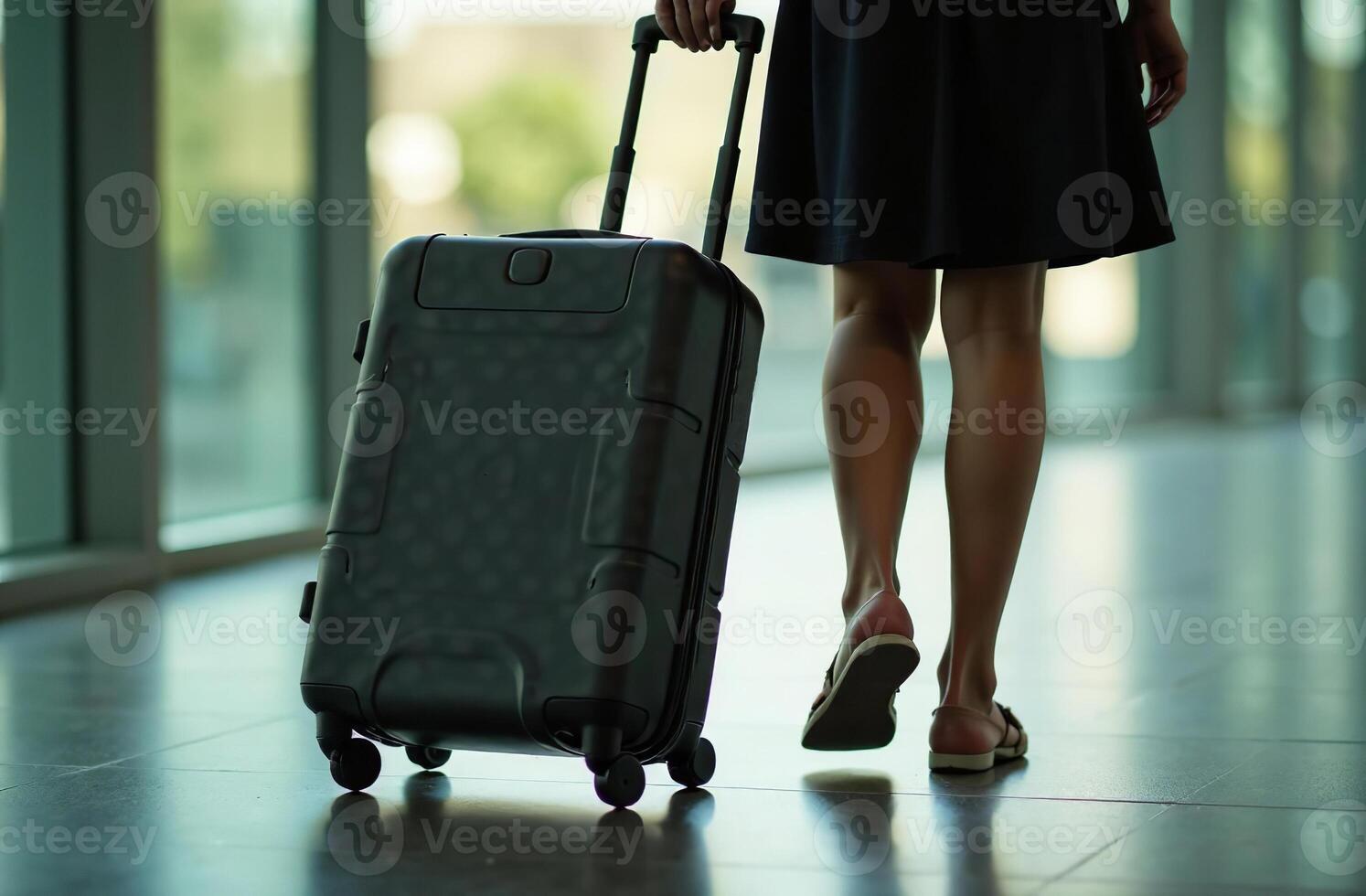 Woman roll luggage suitcase wheel airport, departure on trip photo