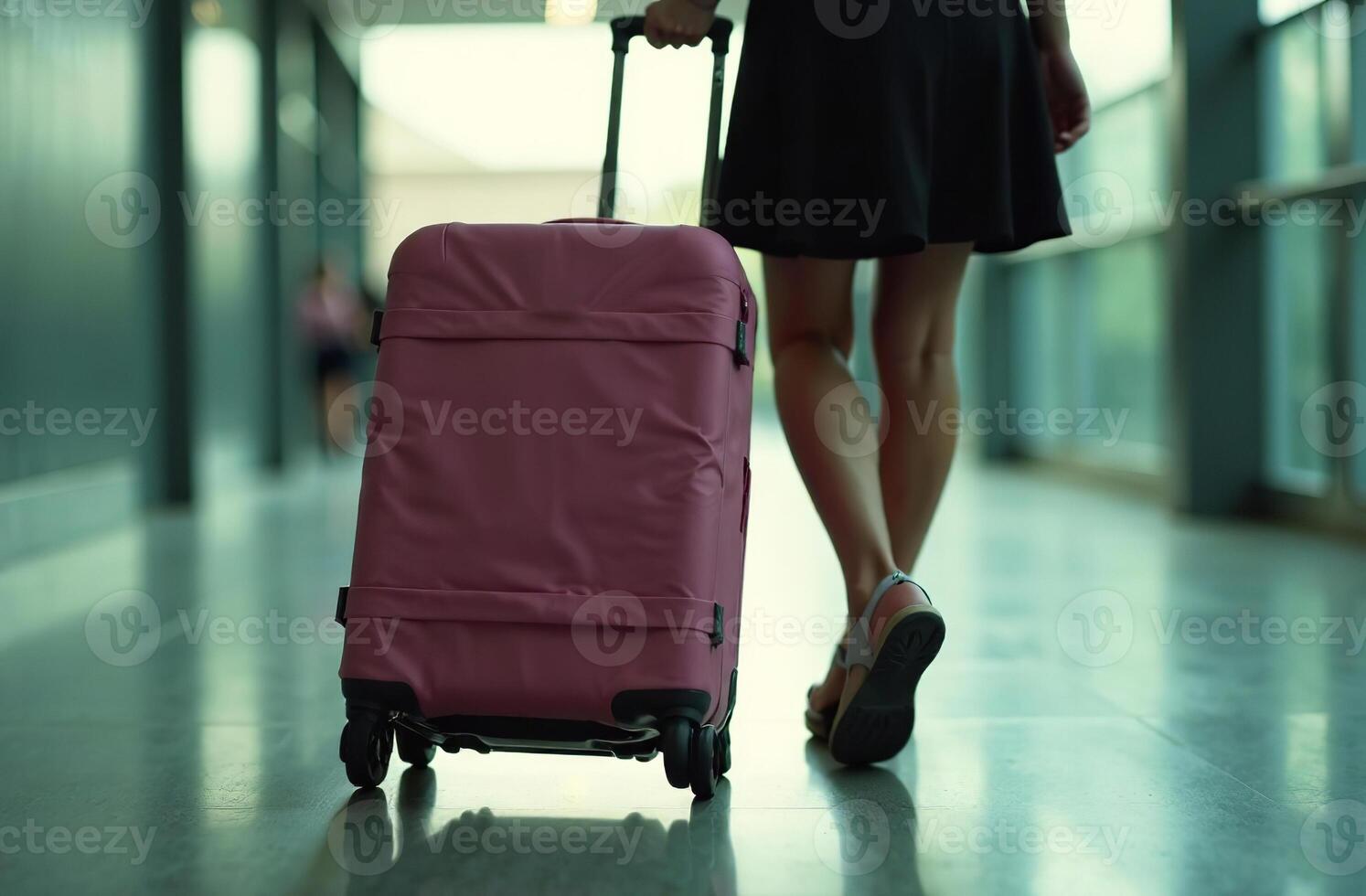 Woman roll luggage suitcase wheels airport, departure on trip photo