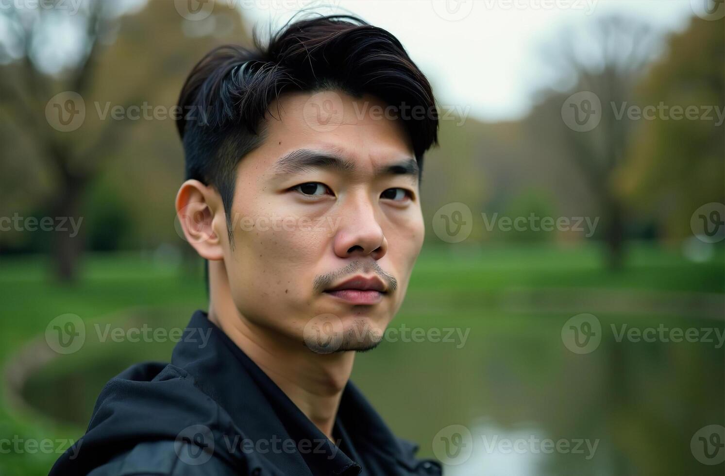 Attractive young man masculine standing summer park, close-up portrait photo