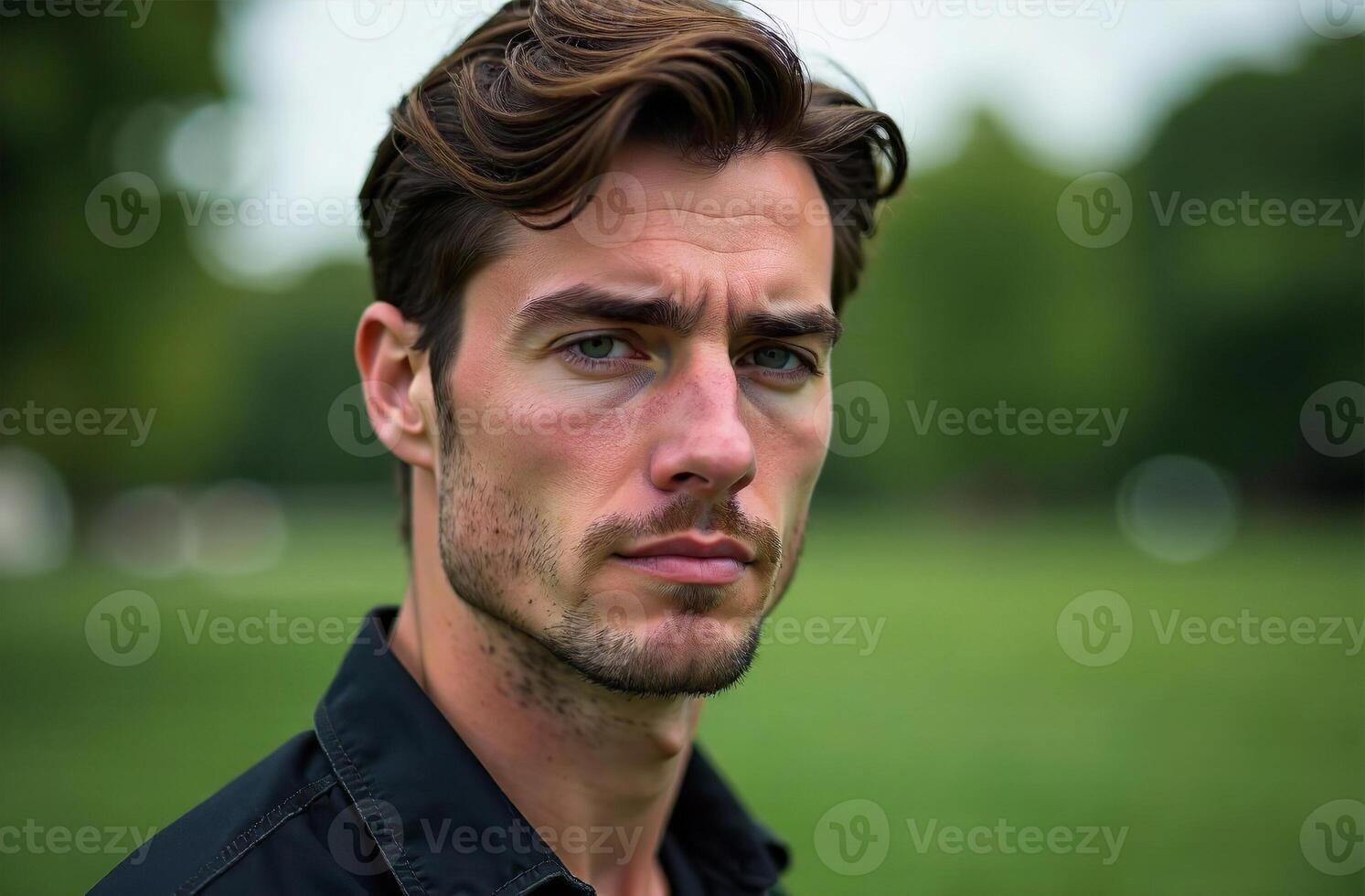Attractive young masculine man stand in summer park, close-up portrait photo