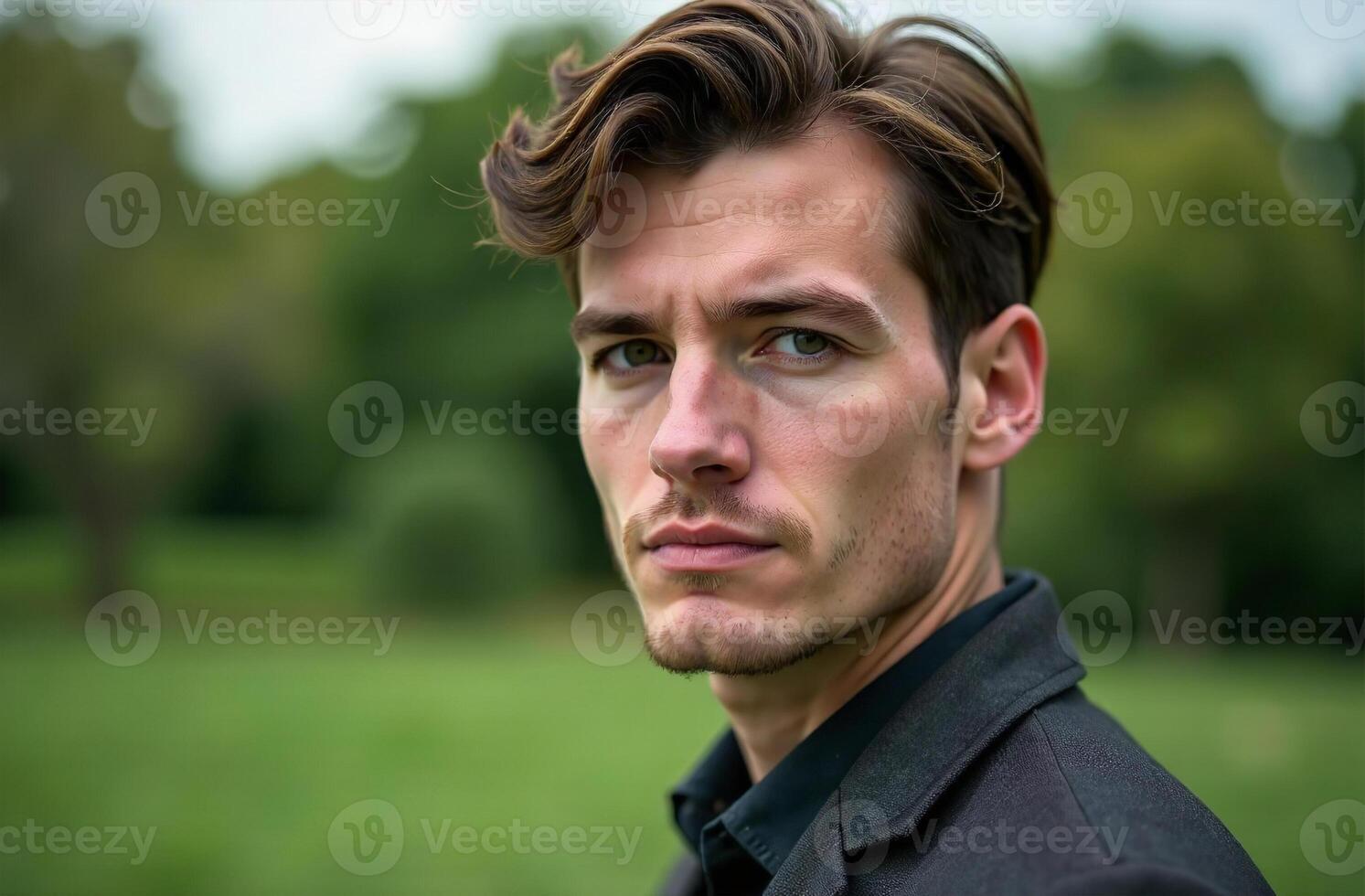 Attractive young man stand in summer park, close-up portrait photo