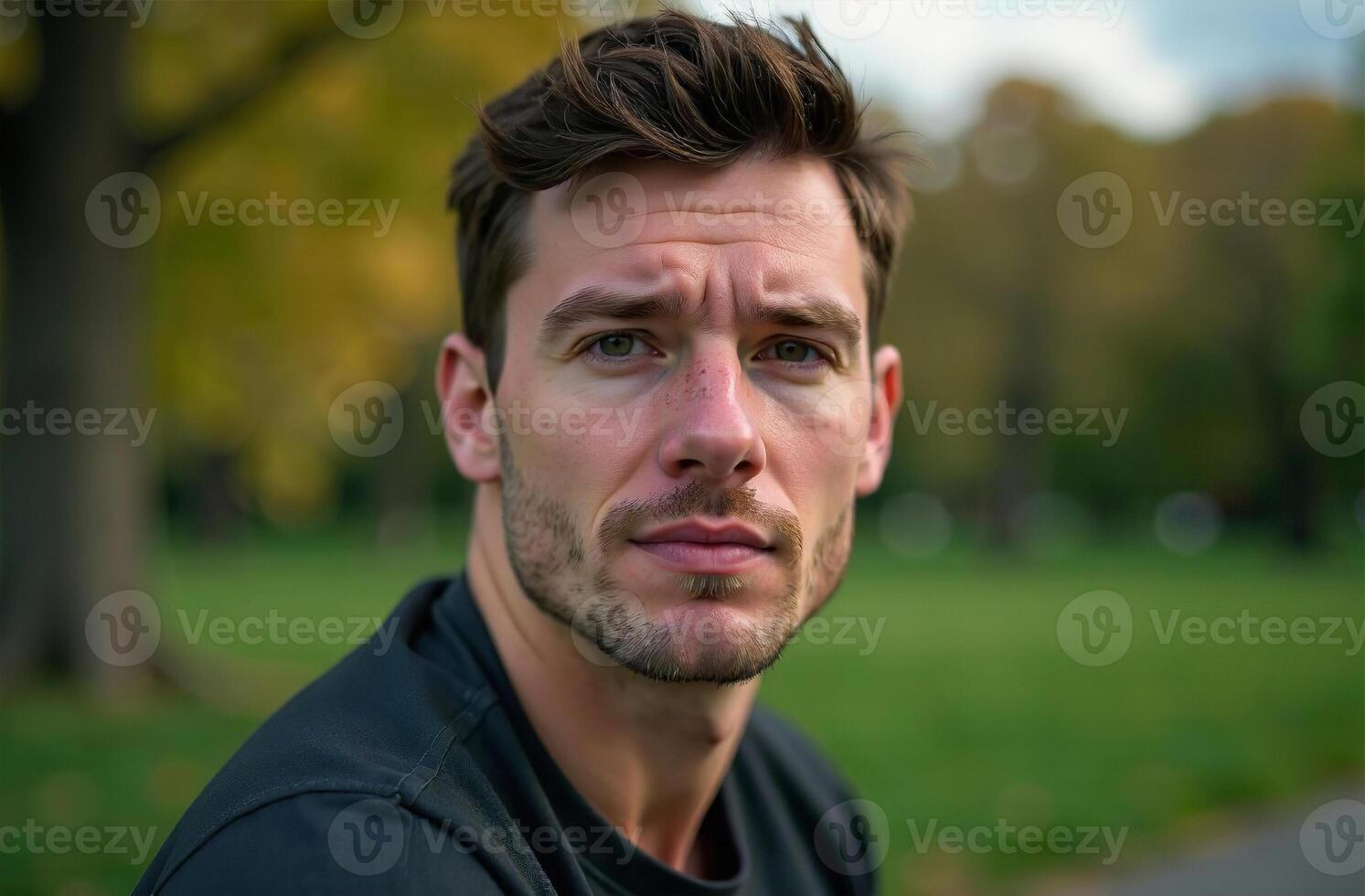 Attractive masculine young man standing in summer park, close-up portrait photo