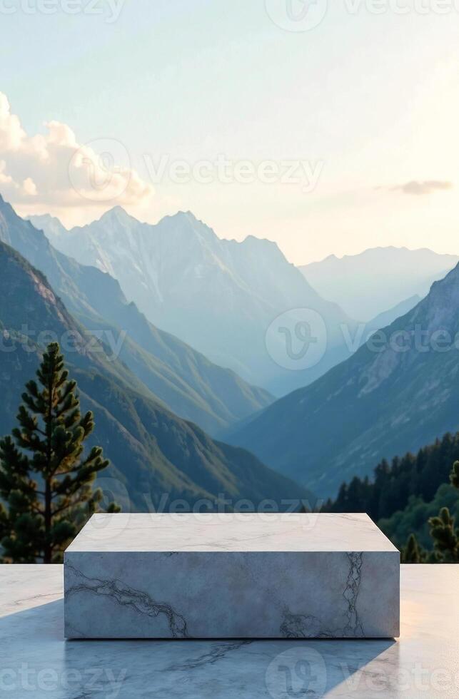 Podium cosmetic product mountain background, free Beautiful space for goods photo