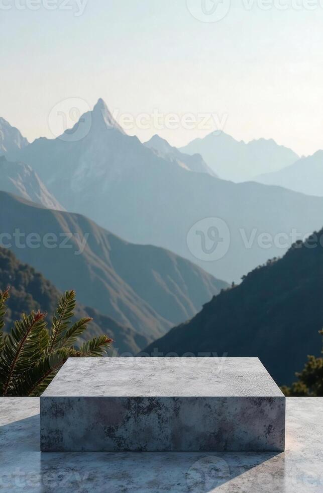 Podium Beautiful cosmetic product mountain background, free space for goods photo