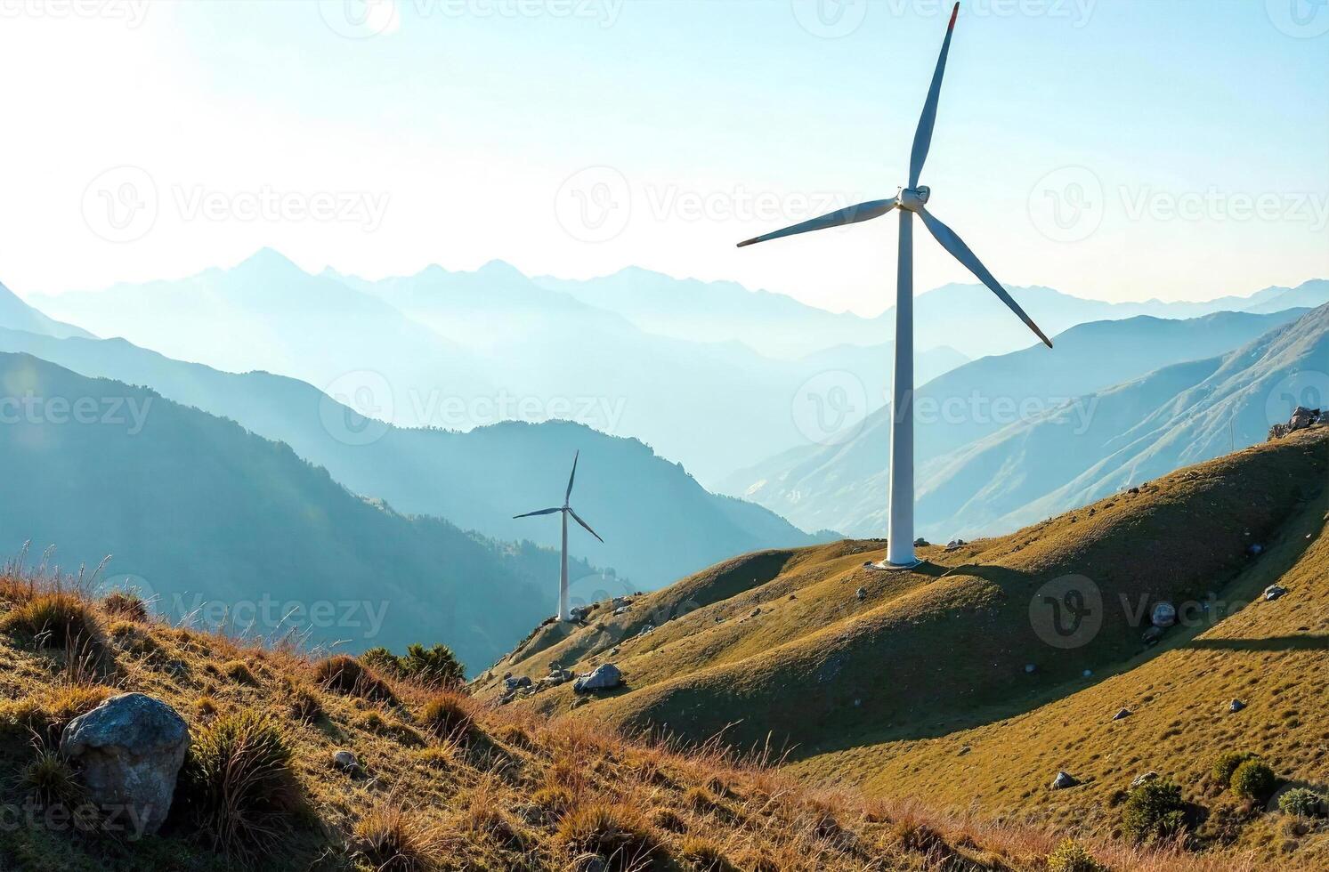 Wind generator on hill, clean green renewable energy turbine photo
