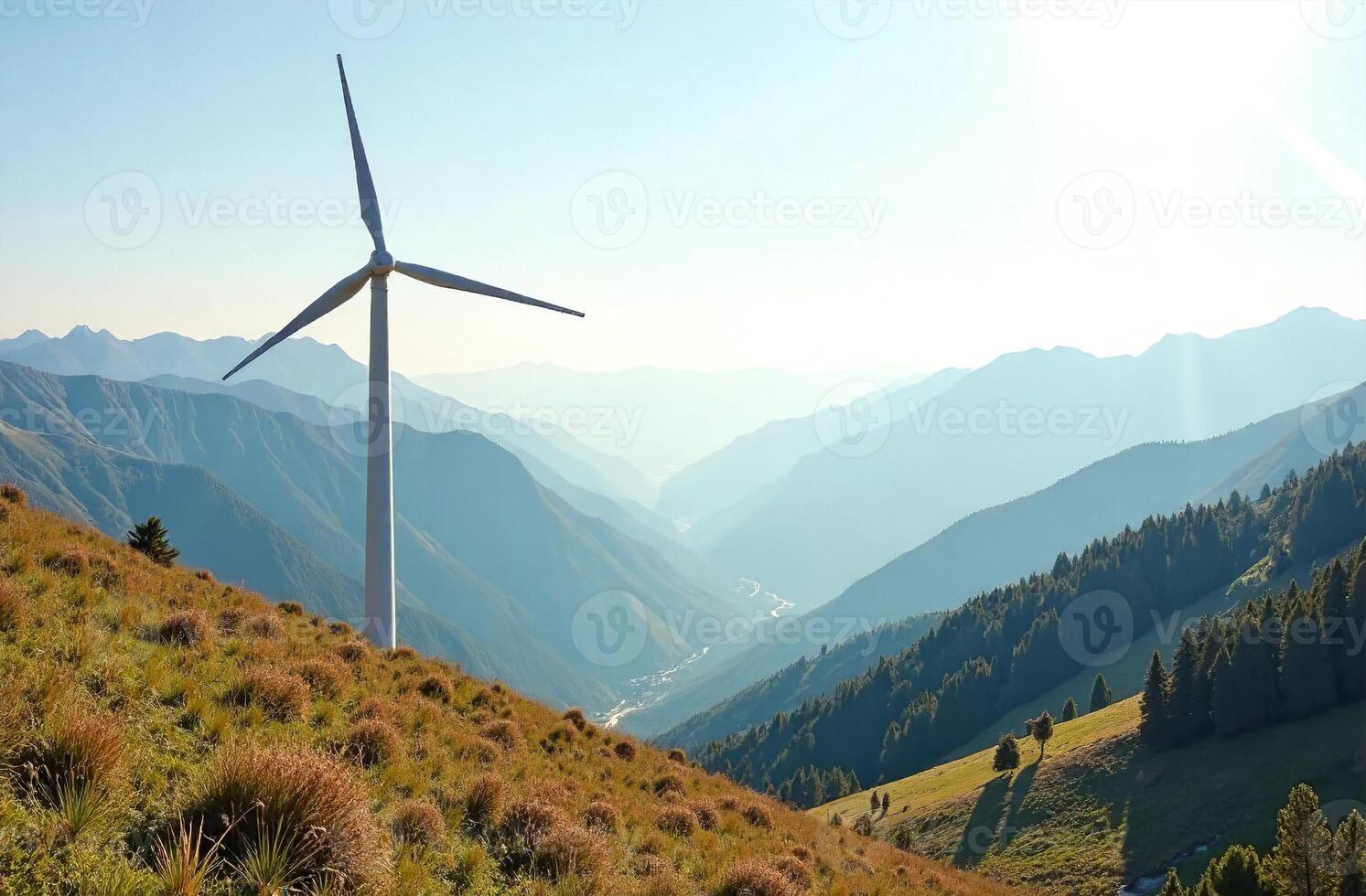 Wind eco generator on hill, clean green renewable energy turbine photo