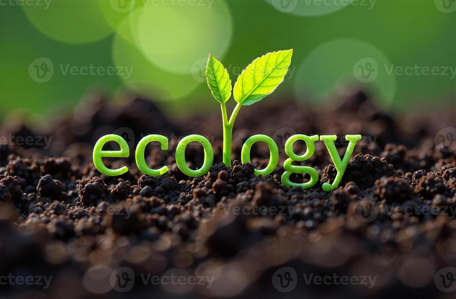 Inscription eco Ecology ground grass sprout. Environmental protection photo