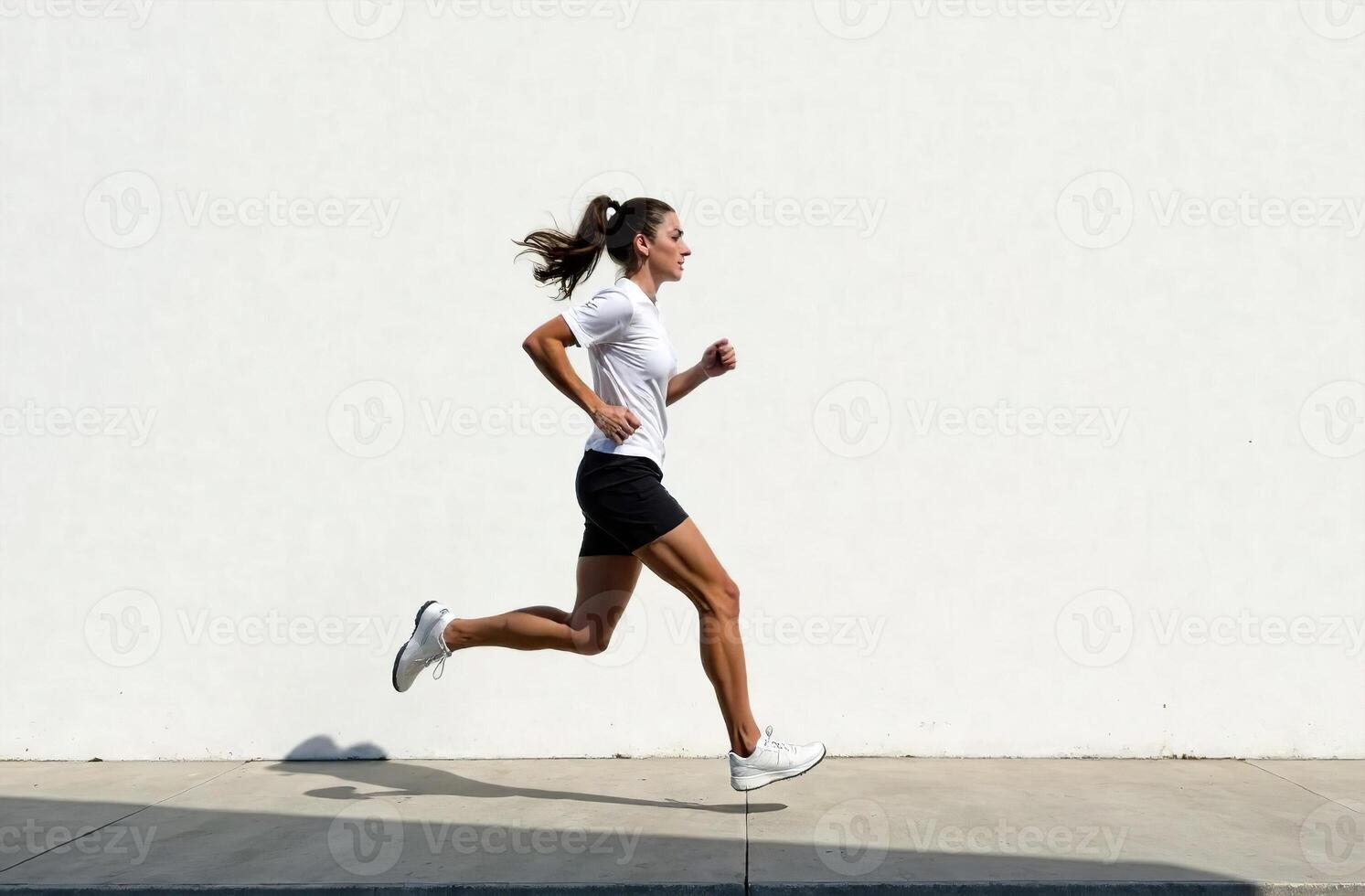 Woman run white wall, jogging athlete doing sports outside photo