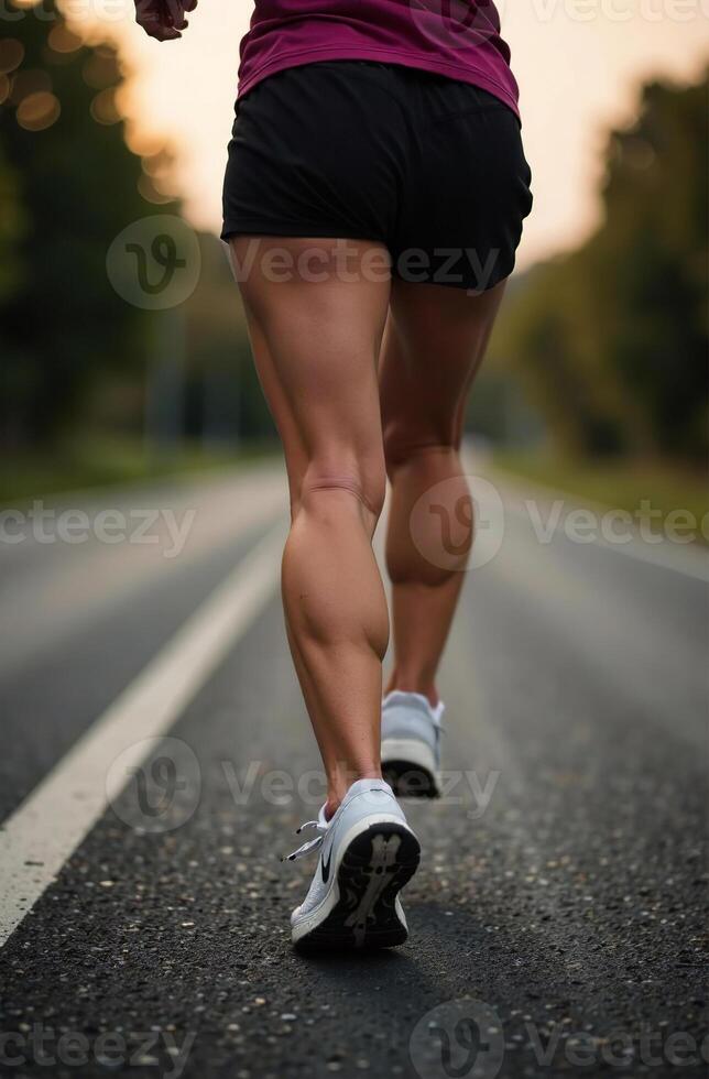 Woman running in park, jogging athlete doing sports outside photo