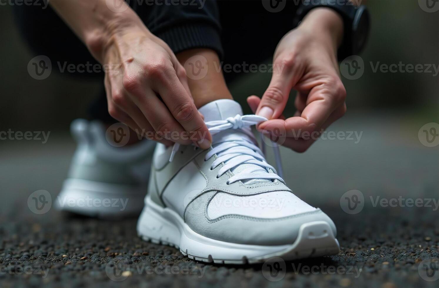 Runner tying shoelaces of sports sneakers cardio workout outside photo