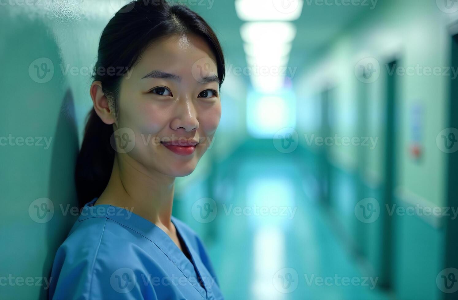 Portrait woman Doctor Background of corridor hallway educated in Hospital photo