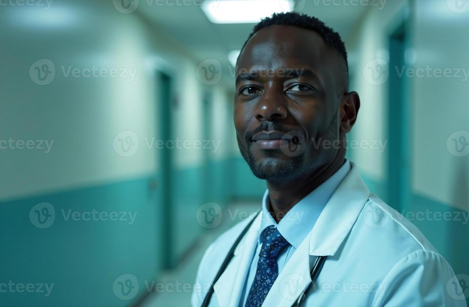 Portrait man cultured Doctor Background of corridor hallway in Hospital photo