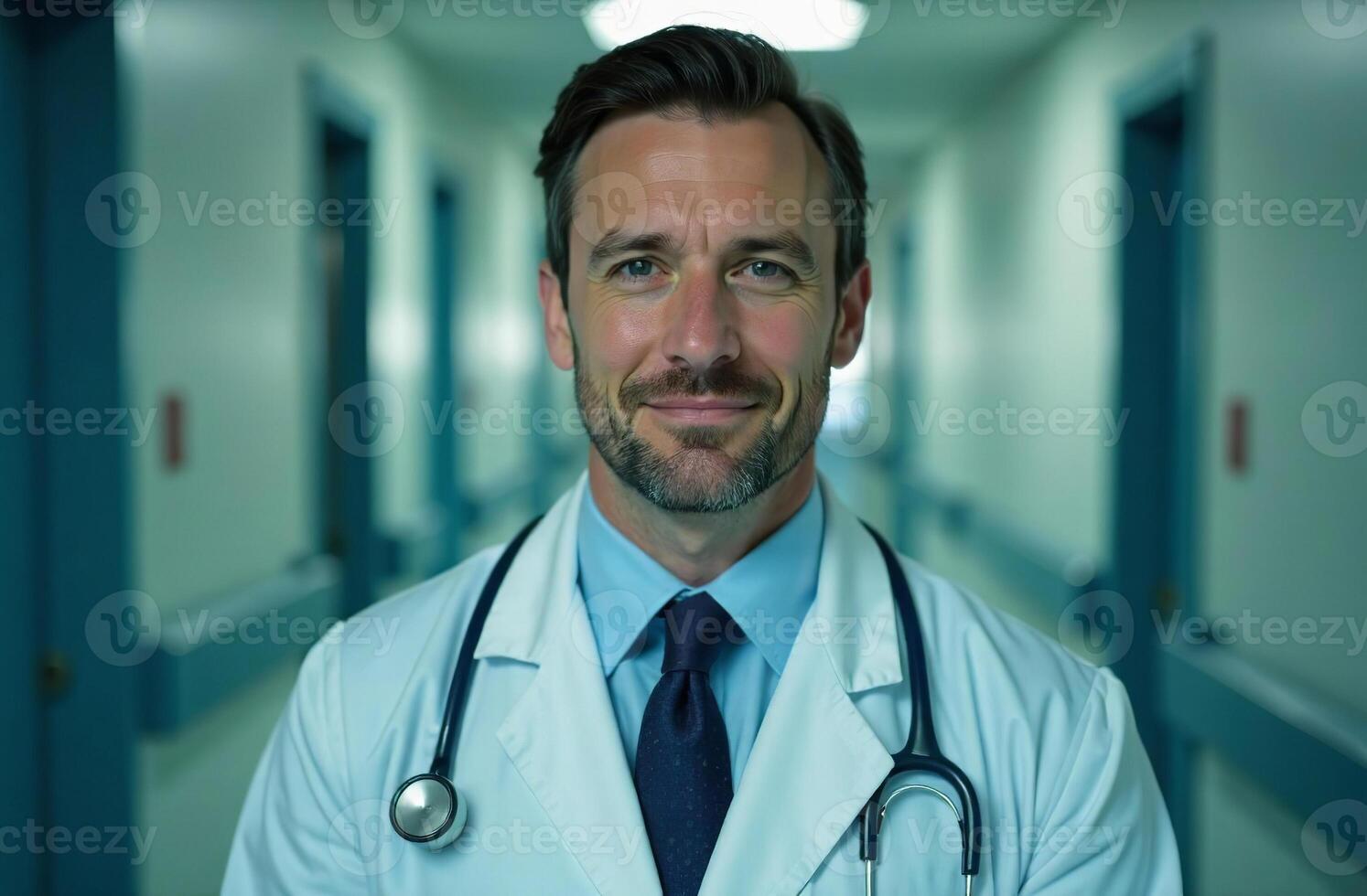 Portrait man Doctor Background of corridor cultured hallway in Hospital photo