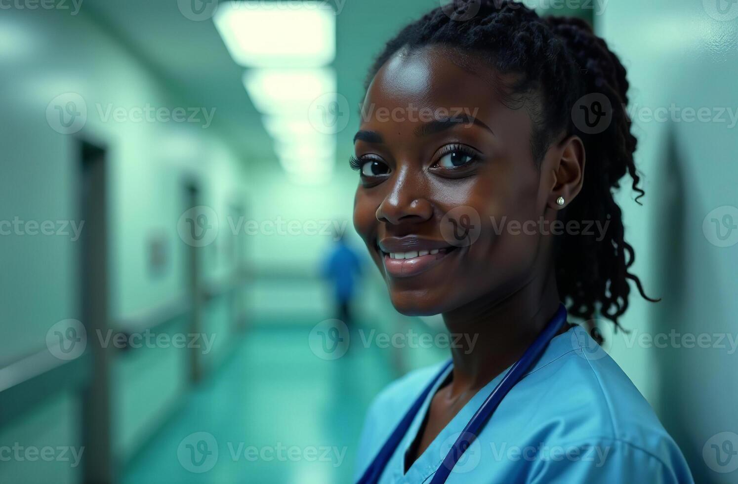 Portrait woman Doctor Background corridor hallway in Hospital photo