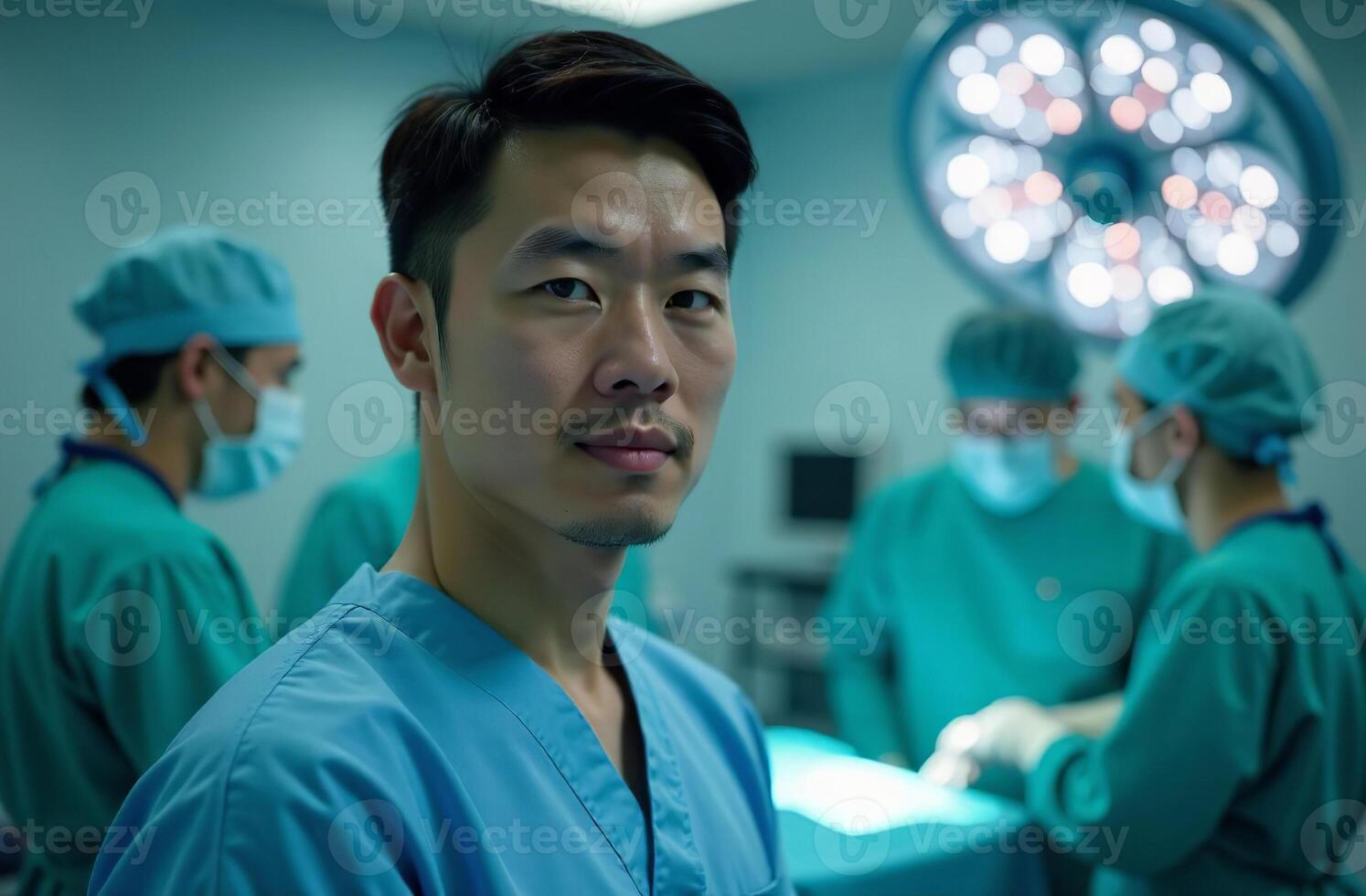 Portrait man Doctor on Background of survey Operating Room in Hospital photo