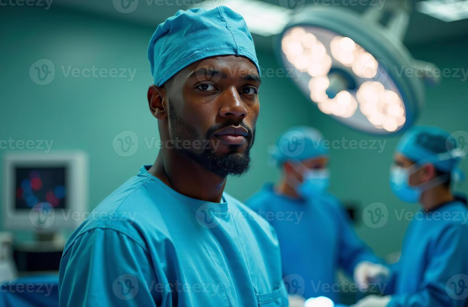 Portrait man Doctor on survey Background of Operating Room in Hospital photo