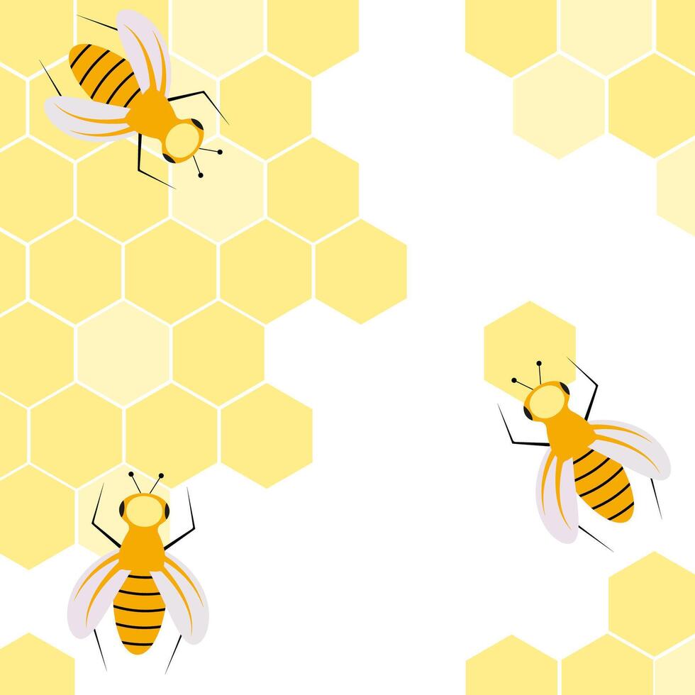 Three worker bees are engaged in the production of organic honey.Illustration with honeycombs. vector