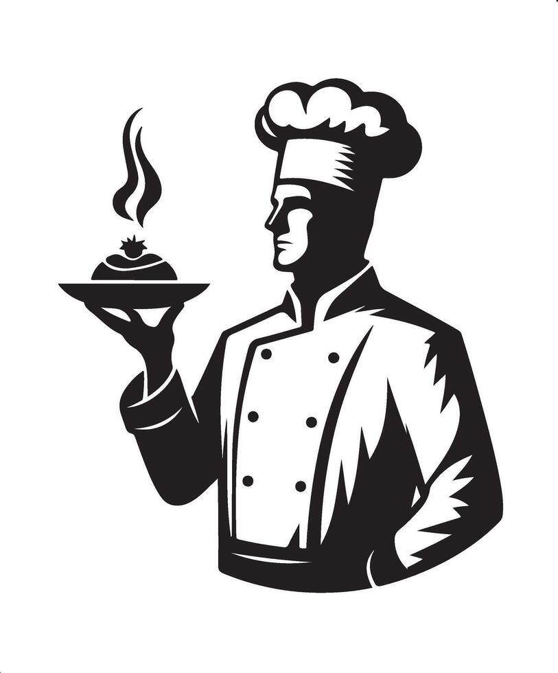 Chef holding a plate with a dessert on it vector