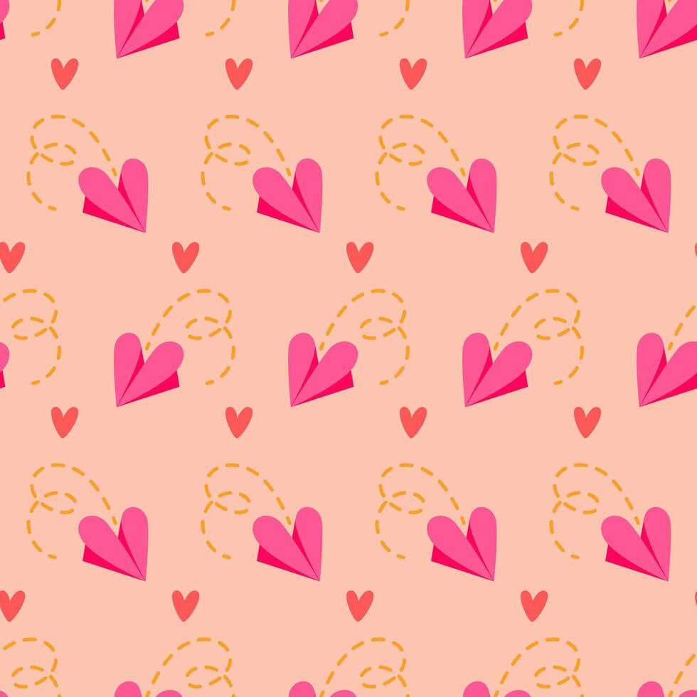 Seamless holiday pattern with paper flying airplanes in the shape of a heart. Message of love. Flat illustration on pink background for valentine's day, wedding decoration. vector