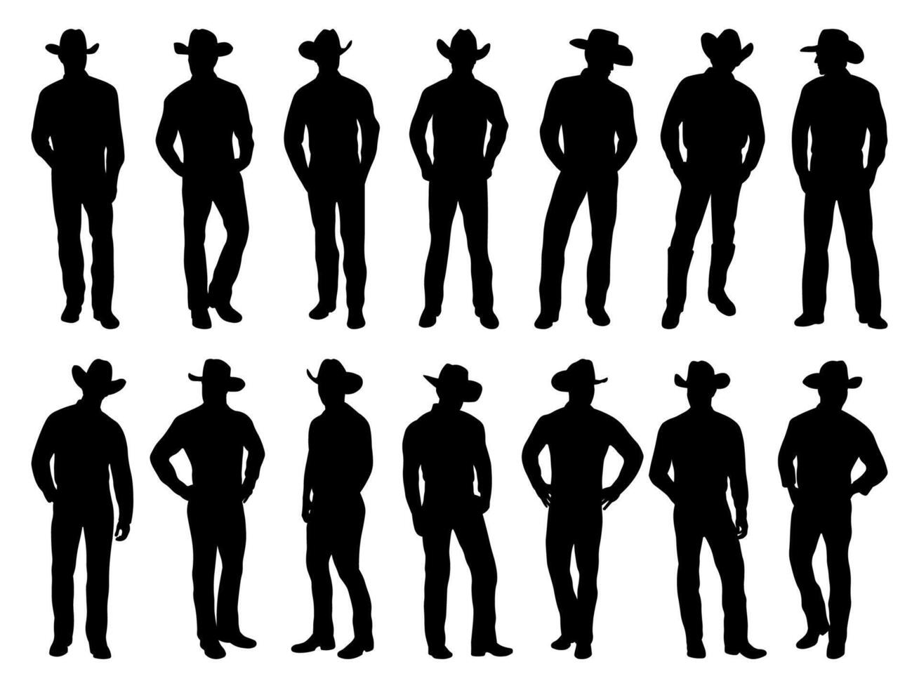 Set of standing cowboys pose silhouette illustrations vector