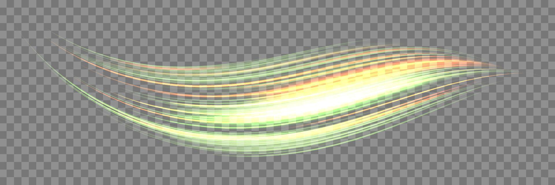 Glowing green and orange lines. Neon realistic energy speed. Abstract light effect vector