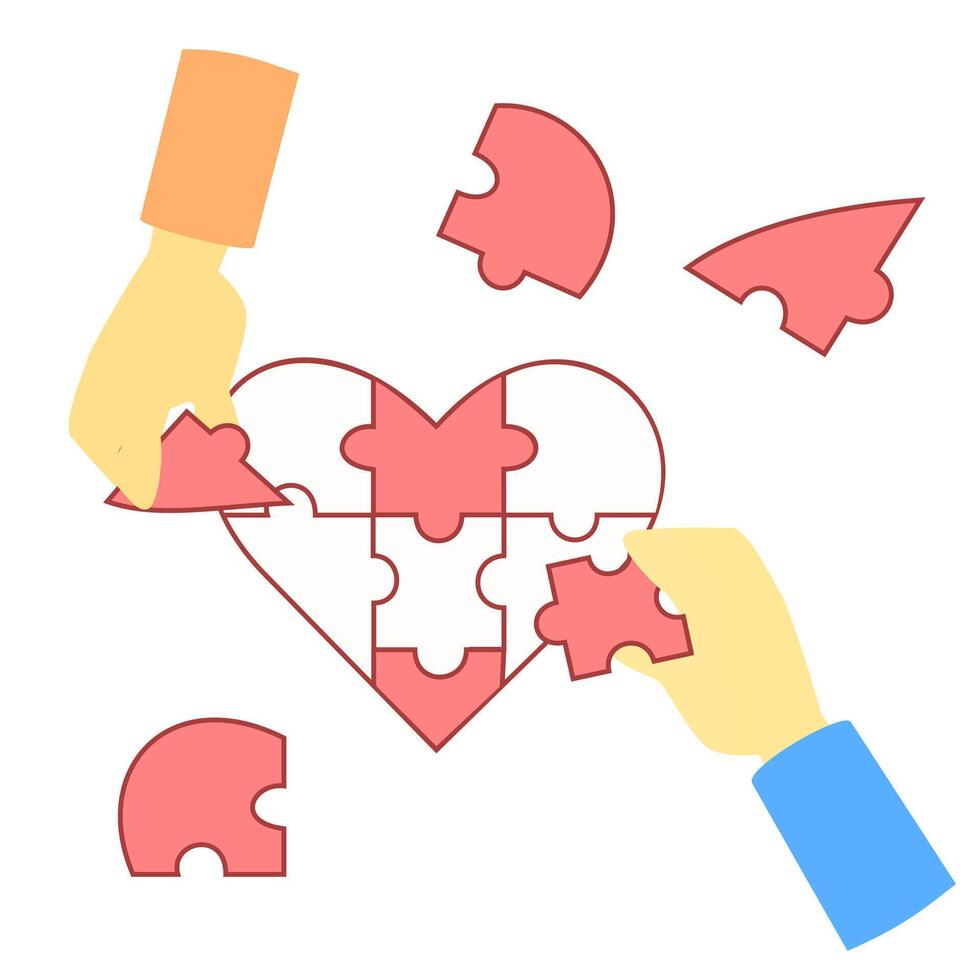 illustration of two people make heart shaped puzzle and holding one pieces puzzle on white background vector