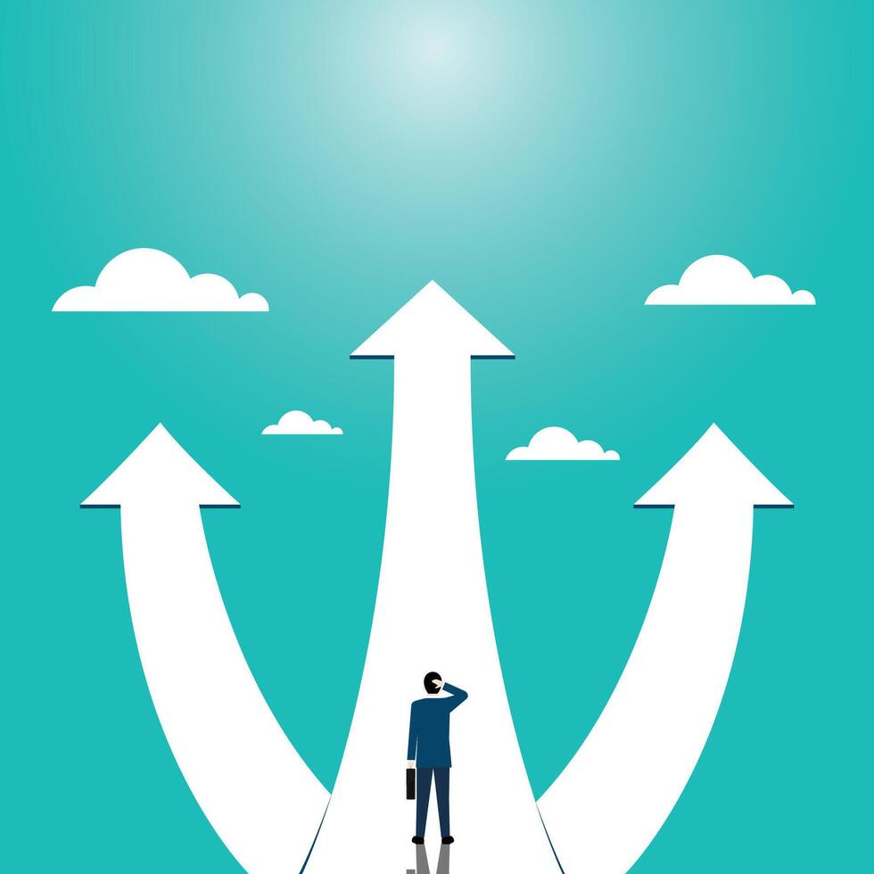 Businessman standing on way arrow looking up go toward career success vector