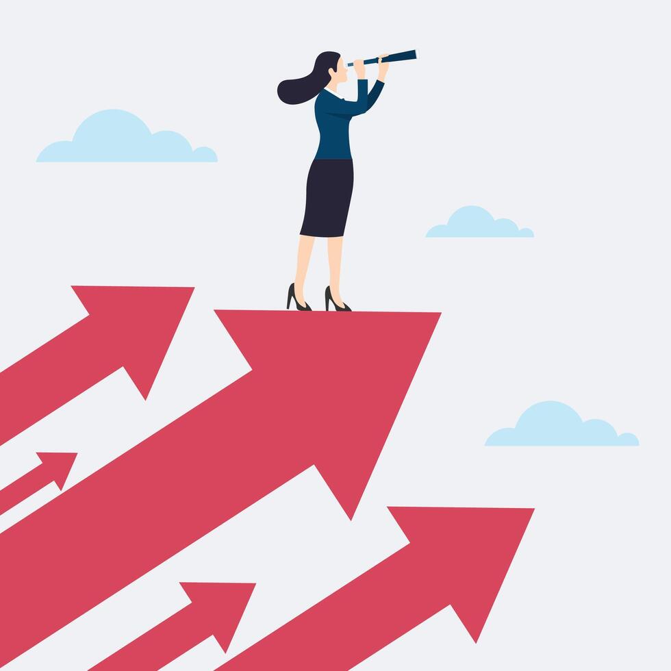 Businesswoman holding a telescope standing on red arrow looking up go toward career success vector