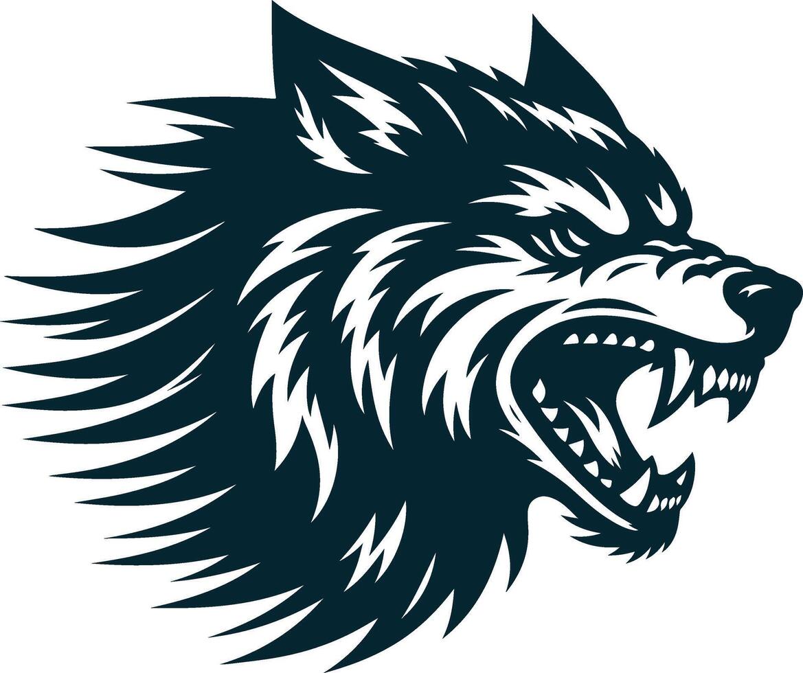 The head of a wolf is shown in black and white vector
