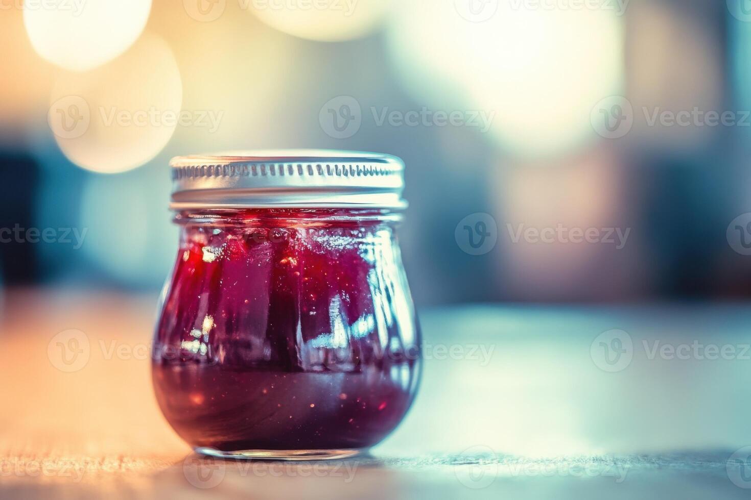 A jar of jam on a table with a blurry background photo