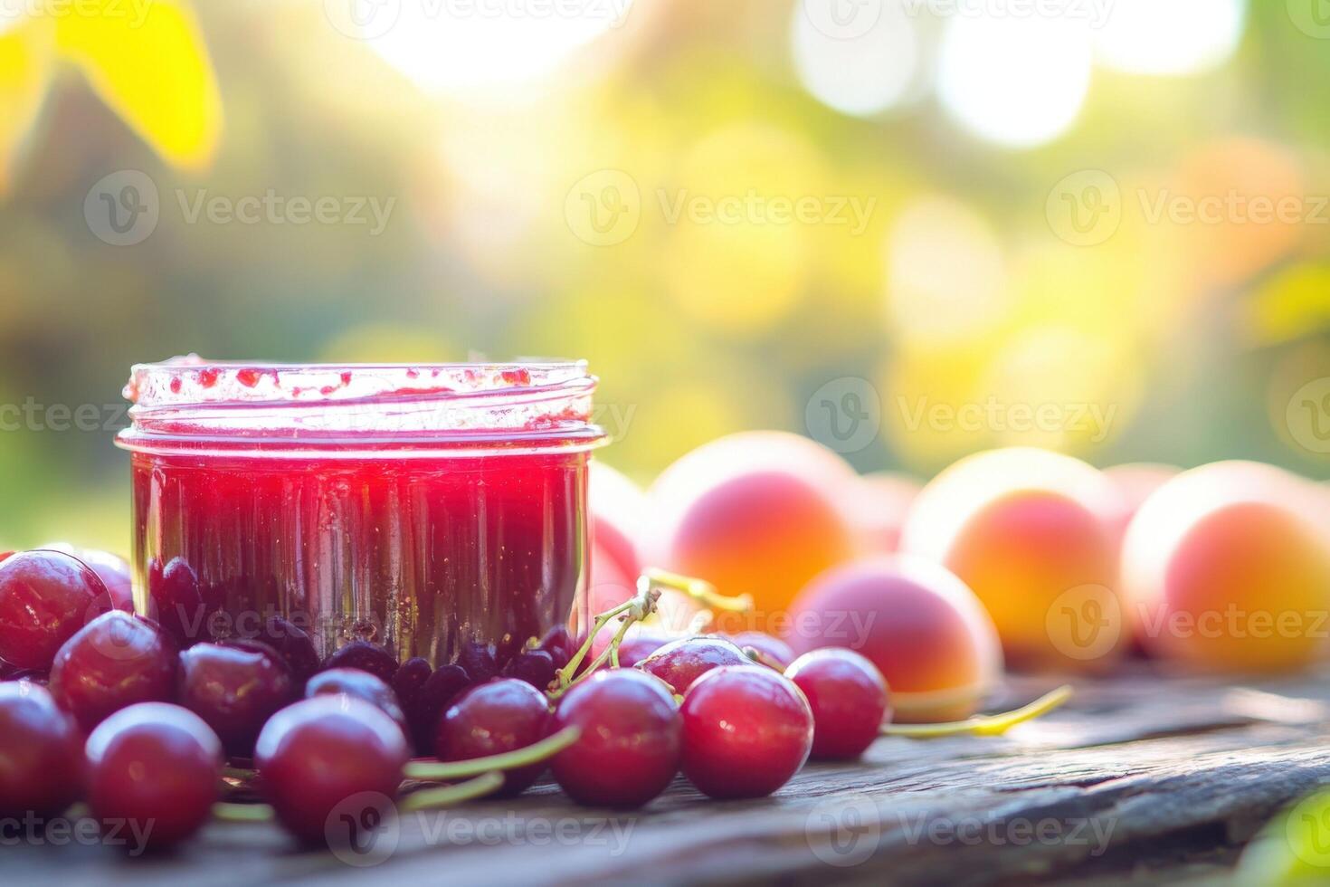 Cherries and jam on a wooden table photo