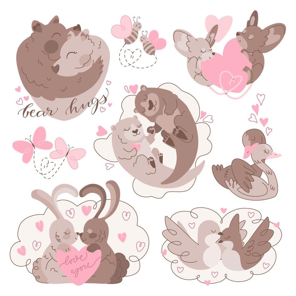 Valentine Day Animals Set, Flat Hand Drawn Couples vector
