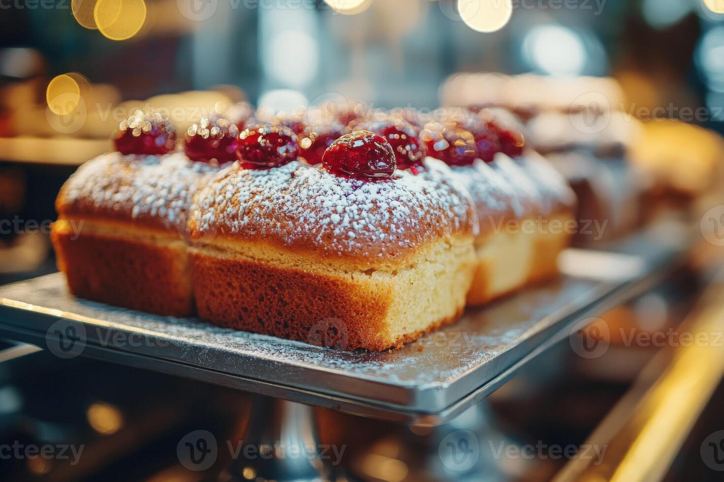 A display of cakes on a metal tray photo