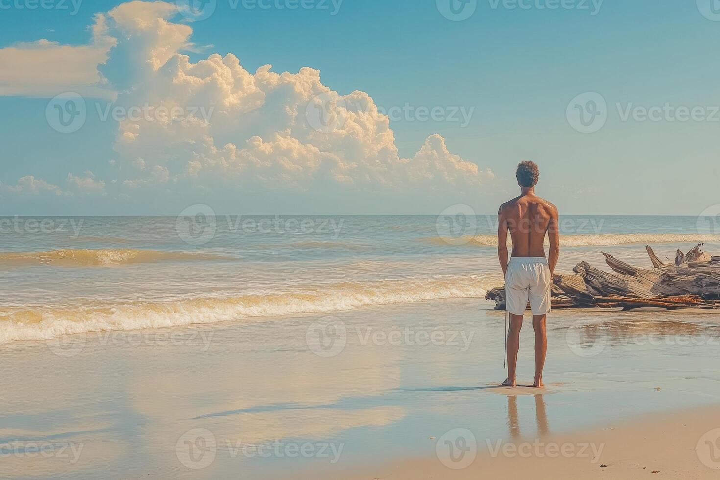 A man standing on the beach looking at the ocean photo