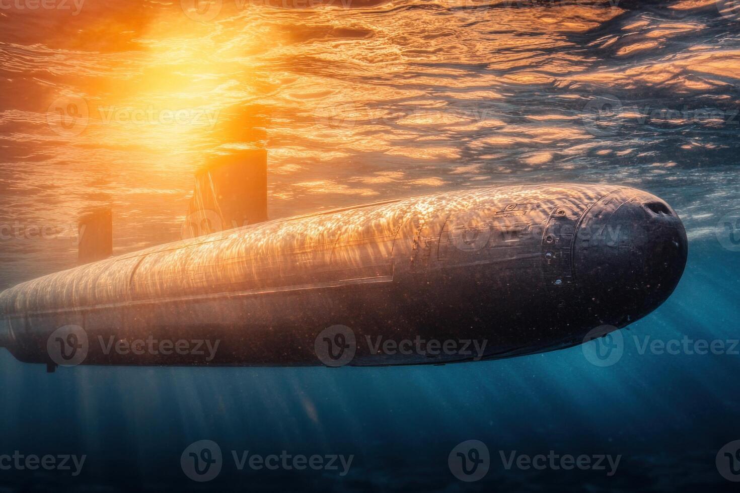 A submarine in the ocean with sunlight shining on it photo