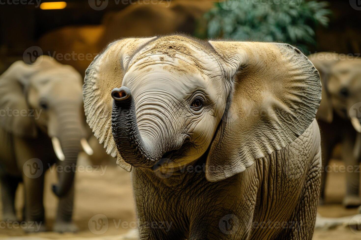 A baby elephant with its trunk out photo